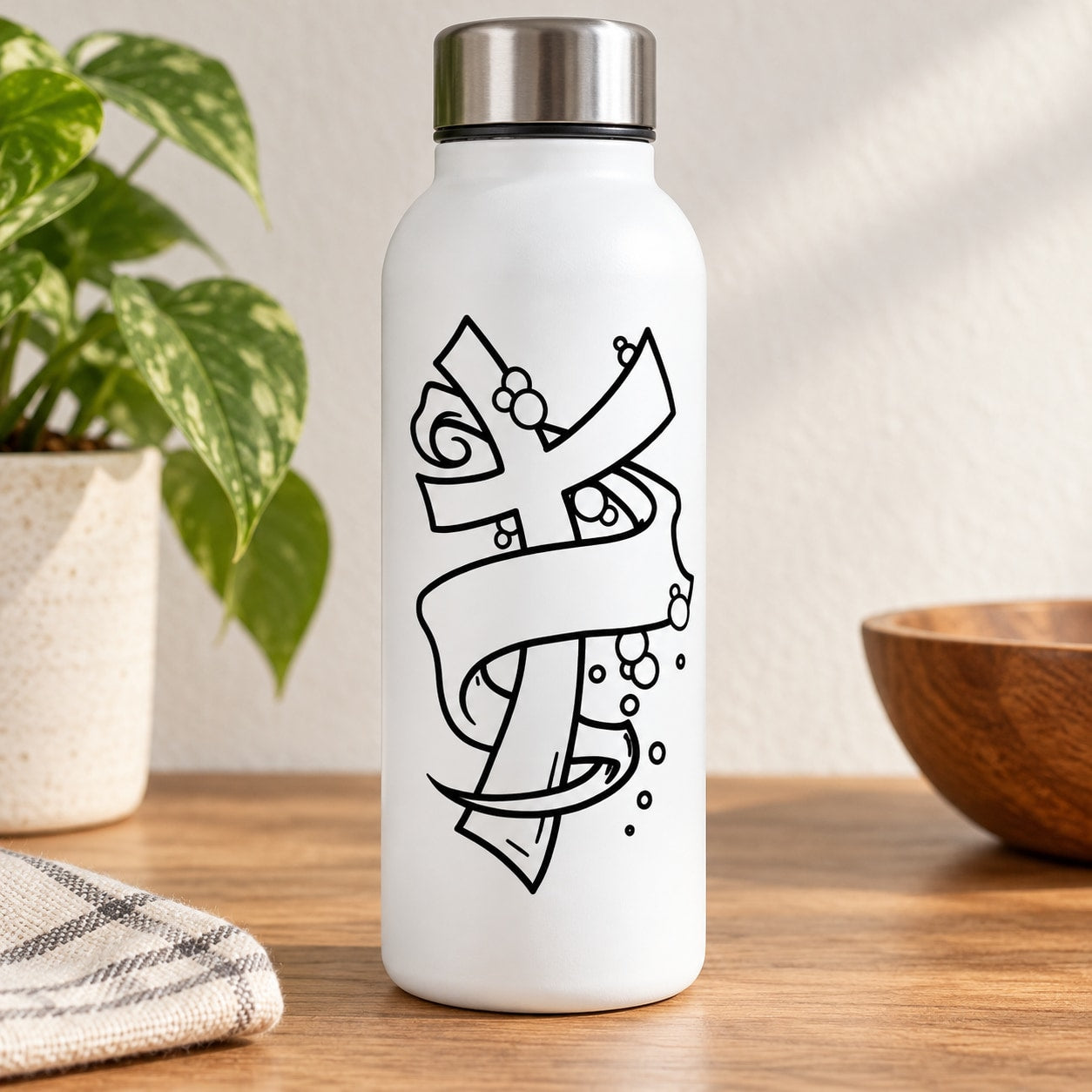 White water bottle with metal lid and black ribbon cross decal