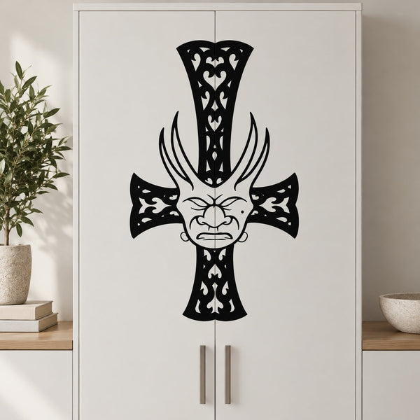 Black filigree cross wall decal with demon mask and hanging charm details