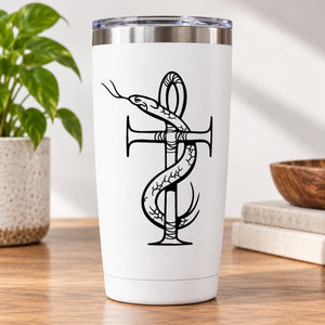 White tumbler with metal lid and black ankh-and-snake decal