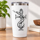 White tumbler with metal lid and black ankh-and-snake decal