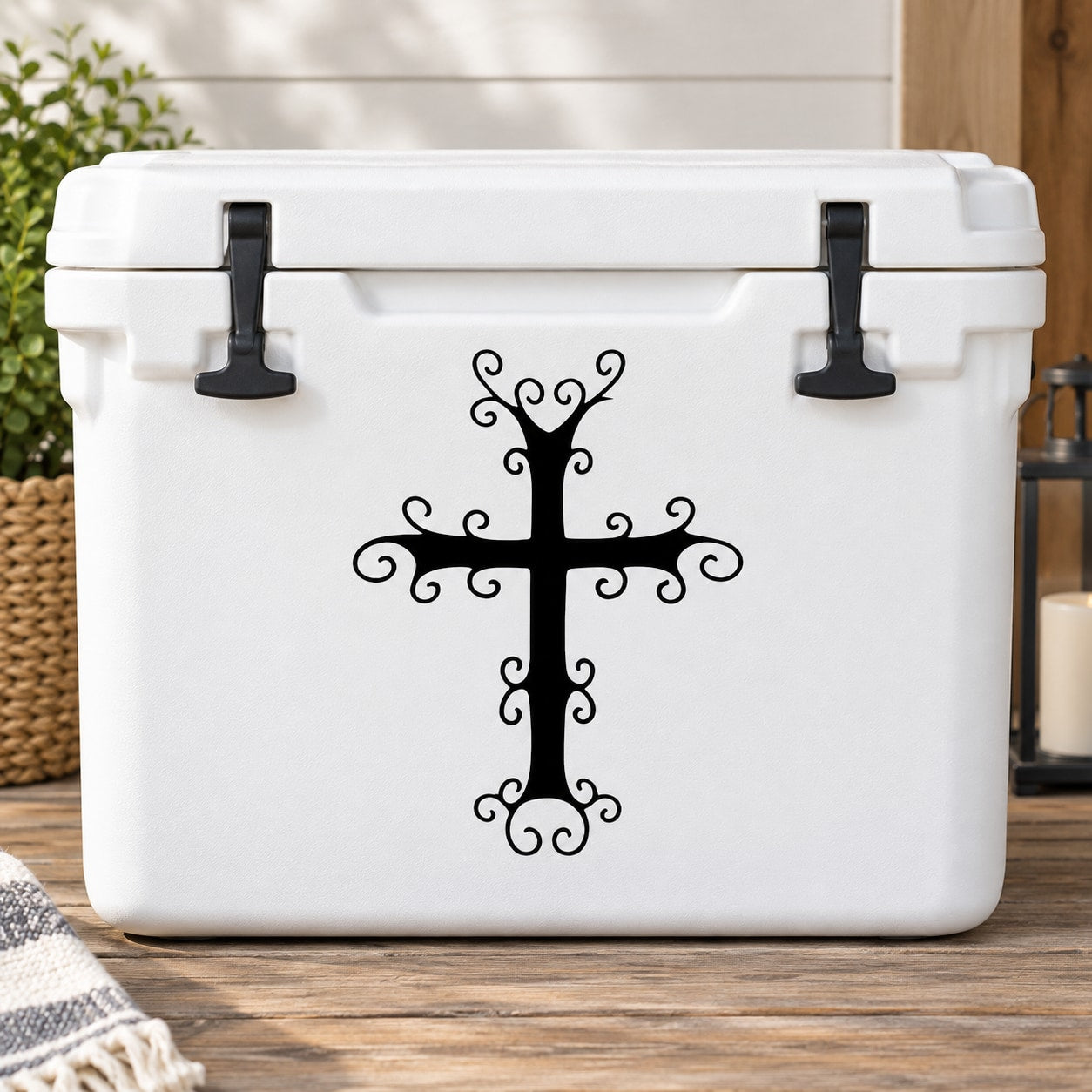 White storage bin with black filigree cross decal