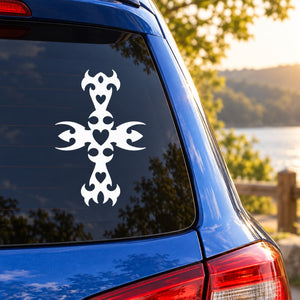 Tribal heart cross decal, white tribal heart cross graphic on car window