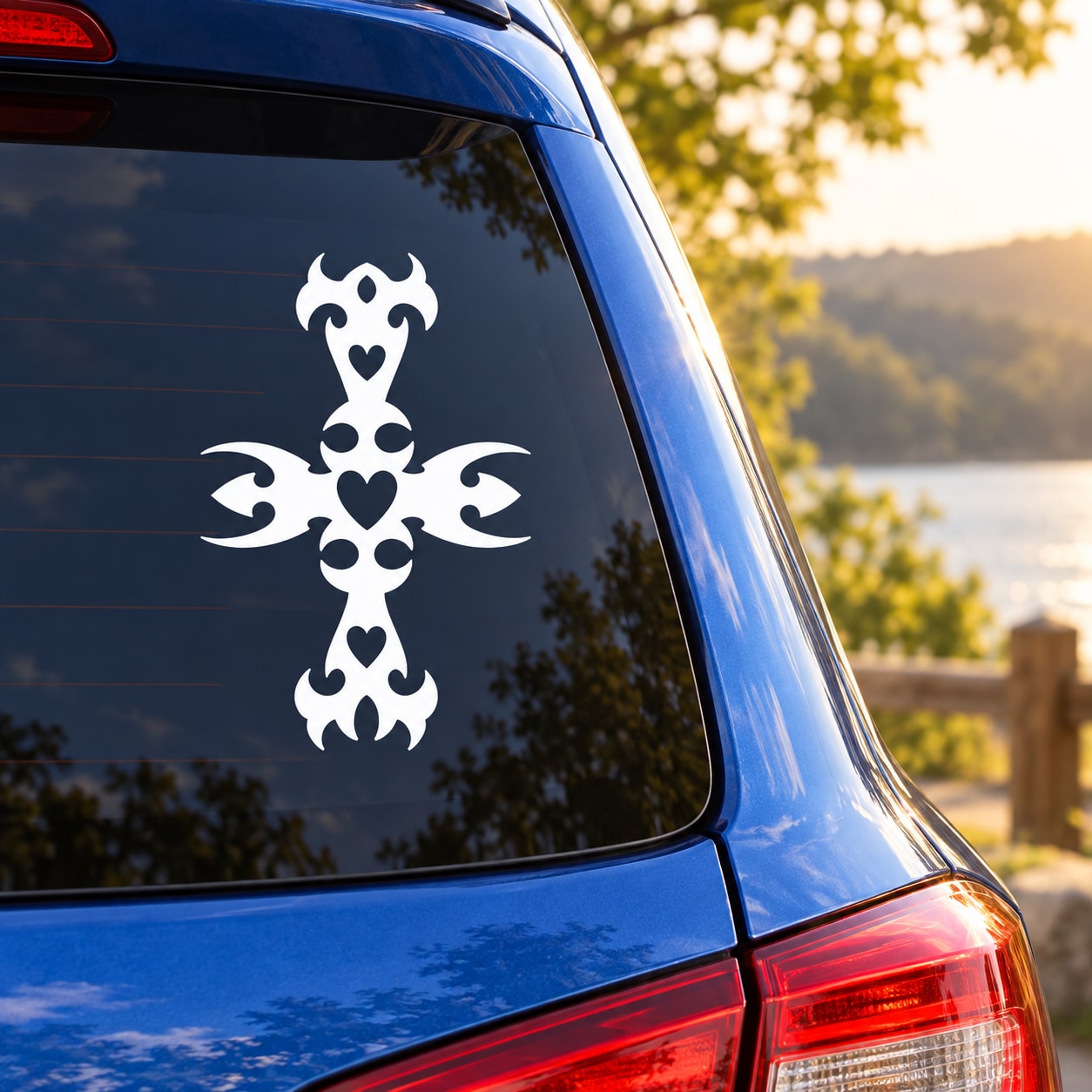 Tribal heart cross decal, white tribal heart cross graphic on car window