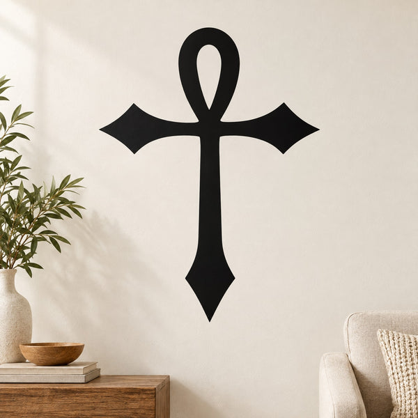 Black crossed ankh wall decal with centered cross-and-loop symbol