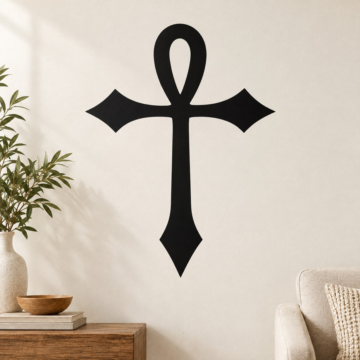 Black crossed ankh wall decal with centered cross-and-loop symbol