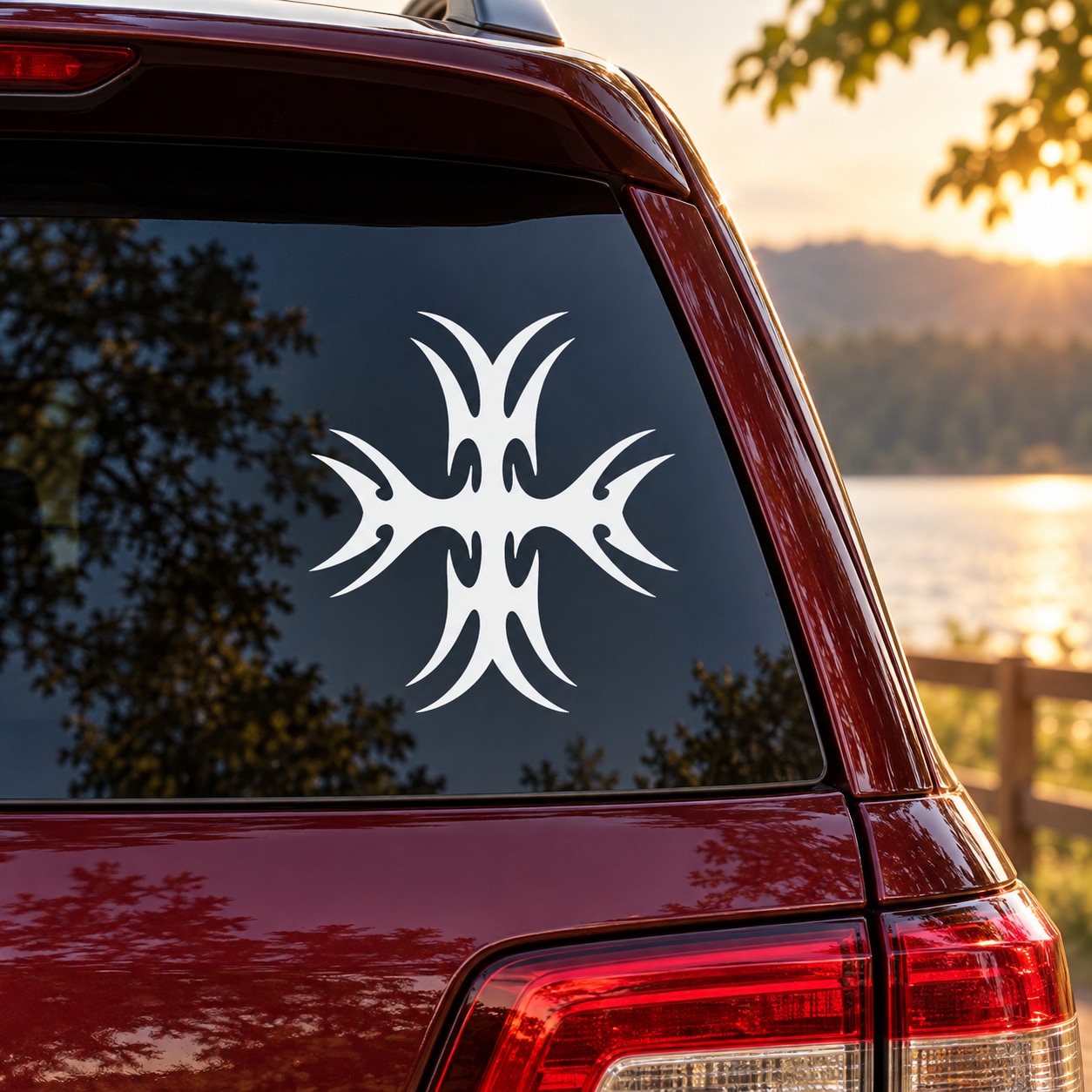Tribal cross decal with white tribal cross design on car rear window