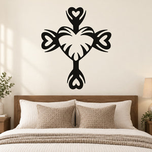 Black heart cross wall decal with ornamental swirl details