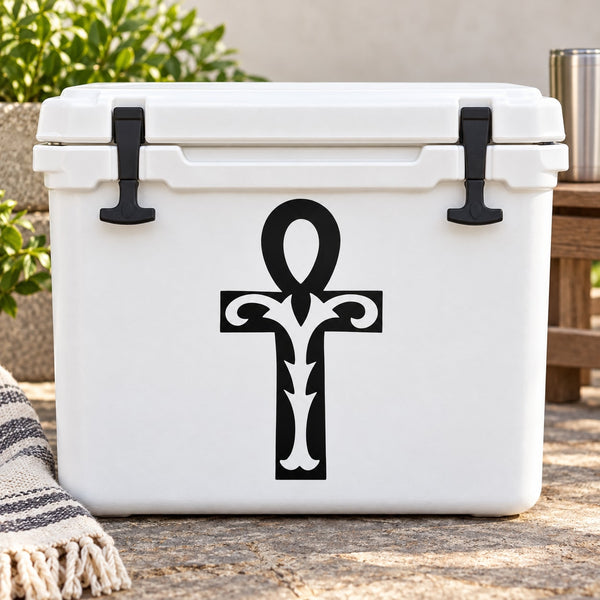 Black ankh symbol decal on white cooler front panel