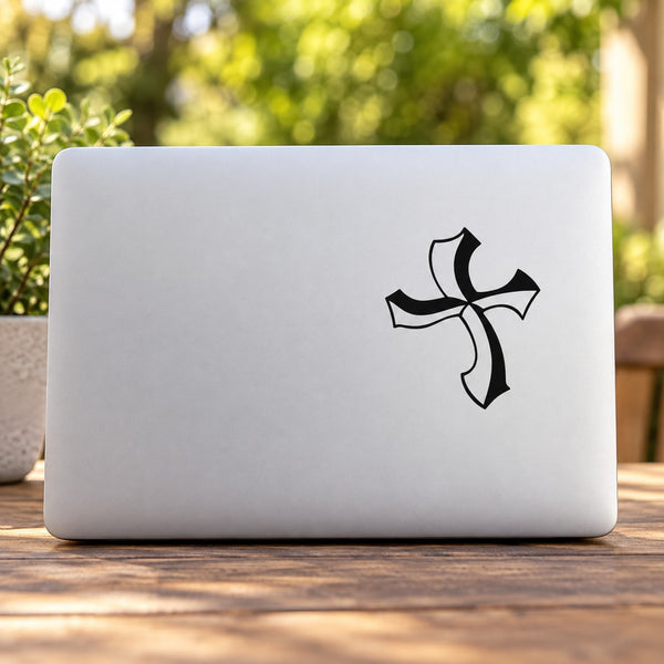Wiggly cross decal, black wavy cross graphic sticker on light surface