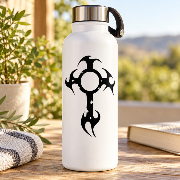 White bottle with black Tribal Celtic cross decal on front