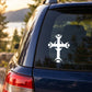 White spiked cross decal sticker on car rear window