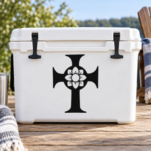 White cooler with black Celtic cross flower decal on front panel