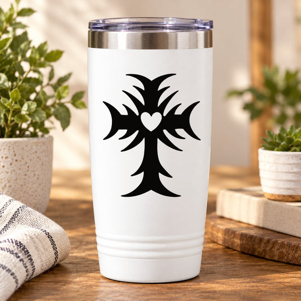 White tumbler with black spiked cross decal and heart