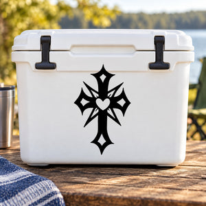 White hard cooler with black spined cross heart decal on front