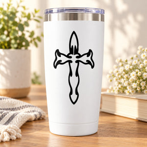 Black tribal cross outline decal on a white tumbler