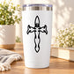 Black tribal cross outline decal on a white tumbler