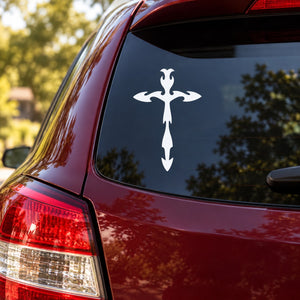 White symmetrical tribal cross decal on car rear glass