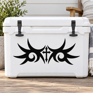 Tribal cross with wing decal, black tribal design on white cooler