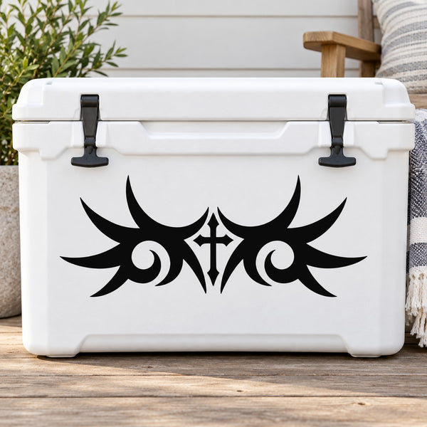 Tribal cross with wing decal, black tribal design on white cooler
