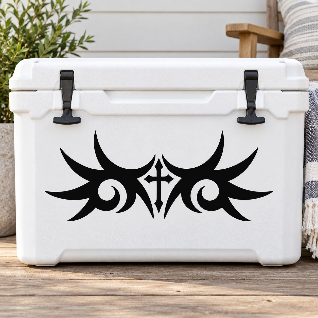 Tribal cross with wing decal, black tribal design on white cooler