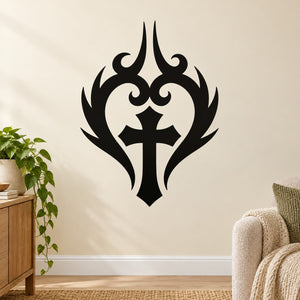 Black cross wall decal with flame and fire-heart motif