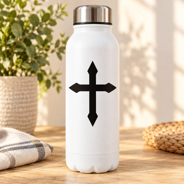 White water bottle with black cross decal