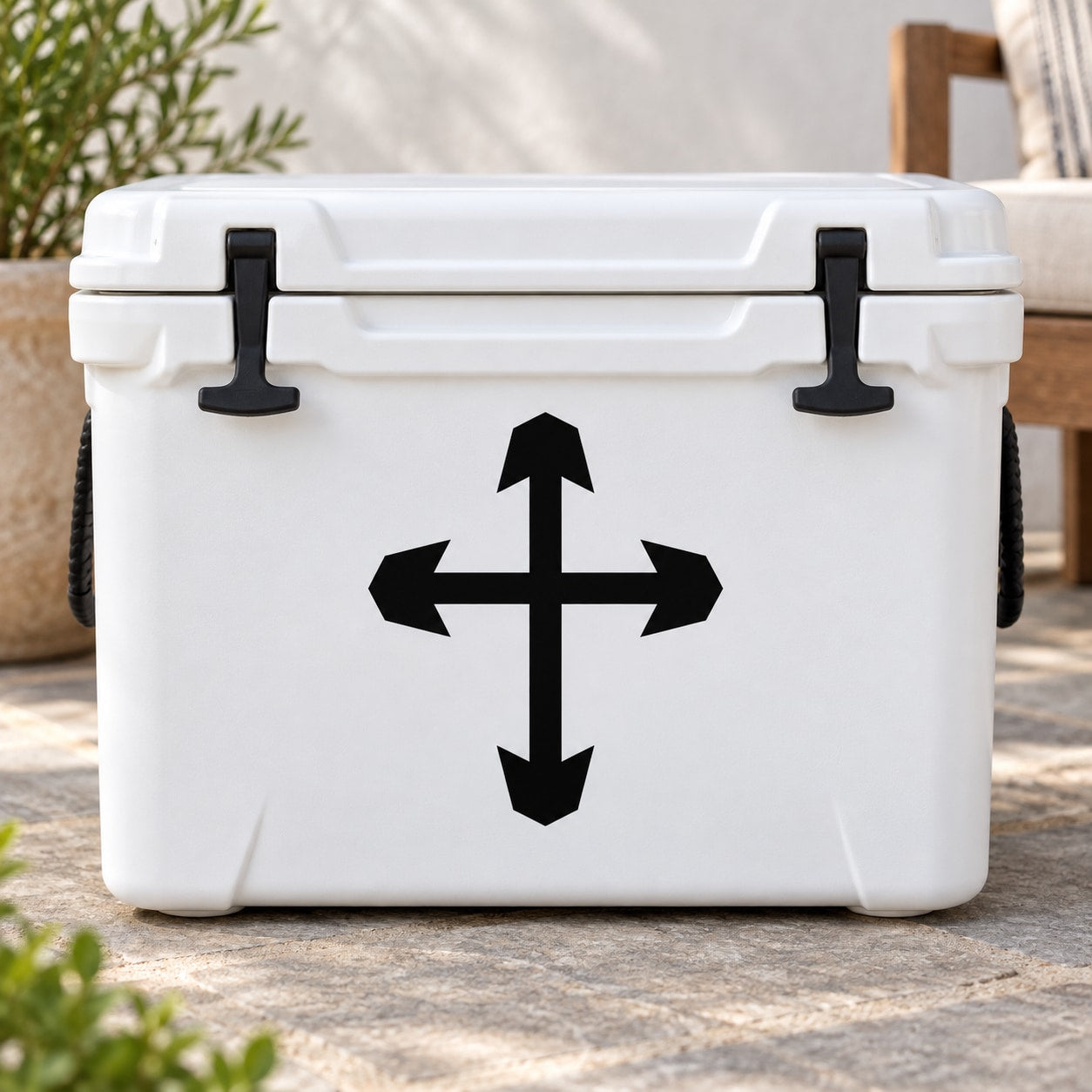 Black cross-arrow decal for cooler, centered design with up, down, left, right arrows