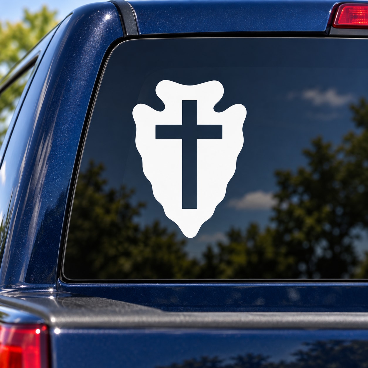 Arrowhead cross decal, white cross on car window