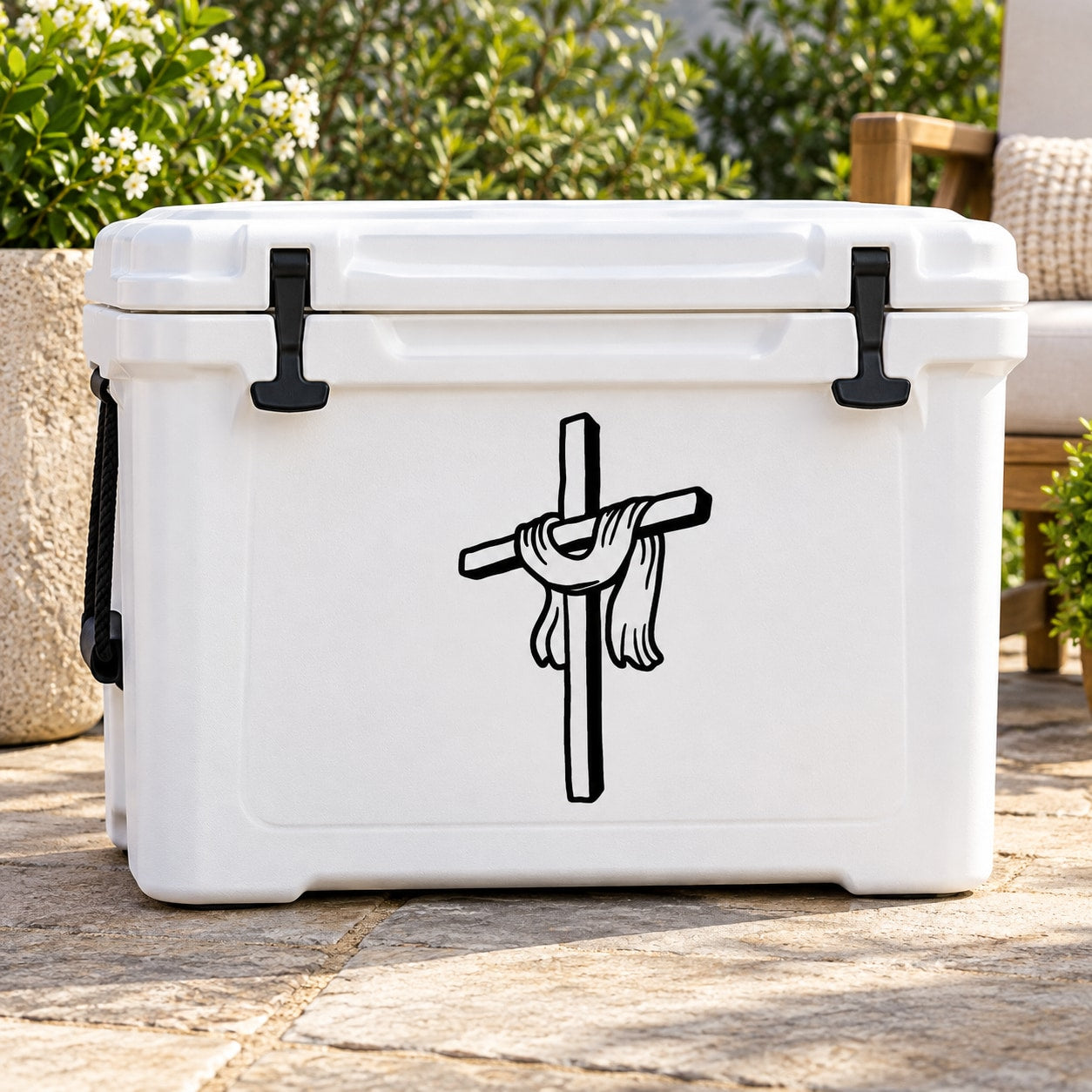 White cooler with black cross and draped ribbon decal