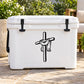 White cooler with black cross and draped ribbon decal