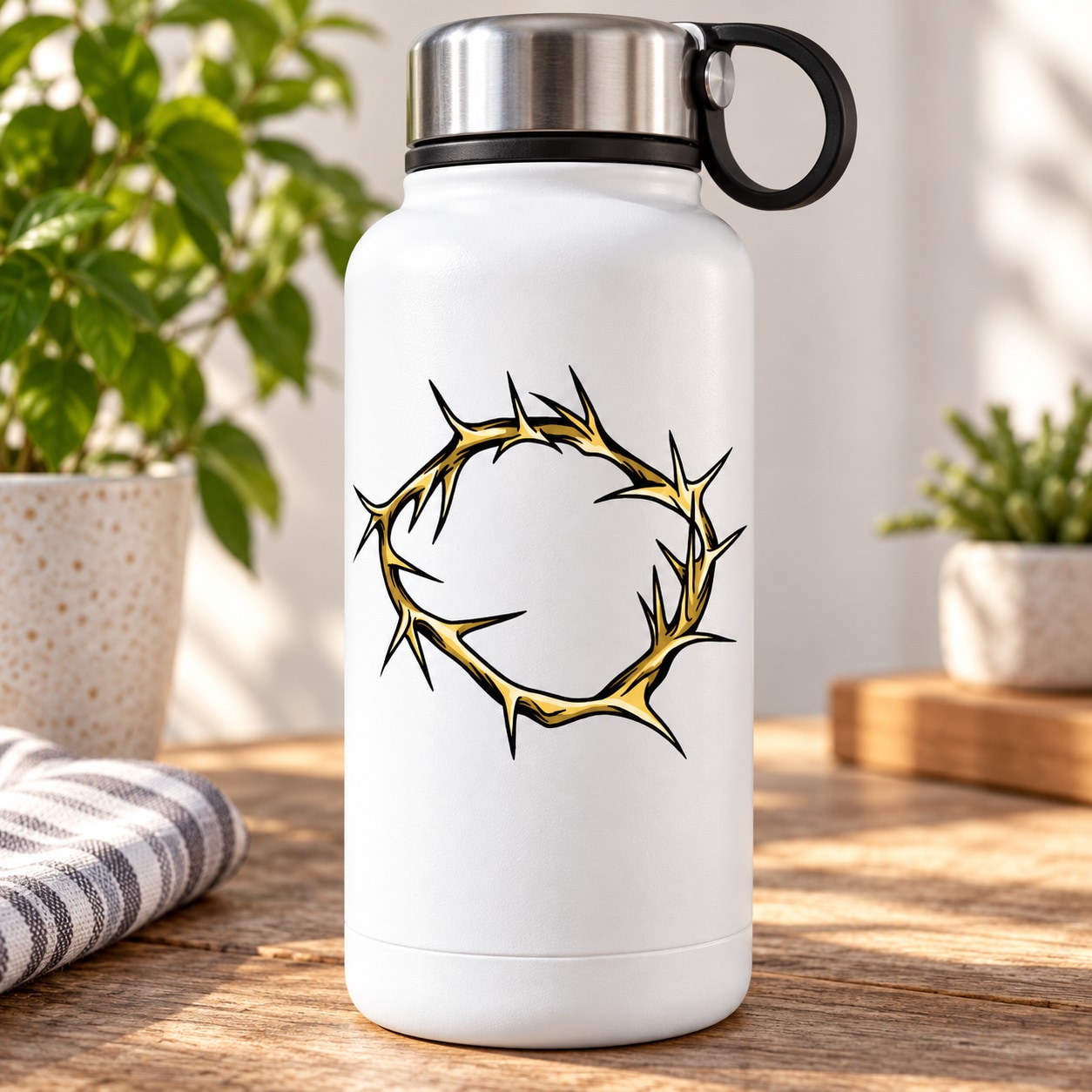 White water bottle with black and gold crown of thorns sticker on front
