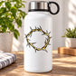White water bottle with black and gold crown of thorns sticker on front