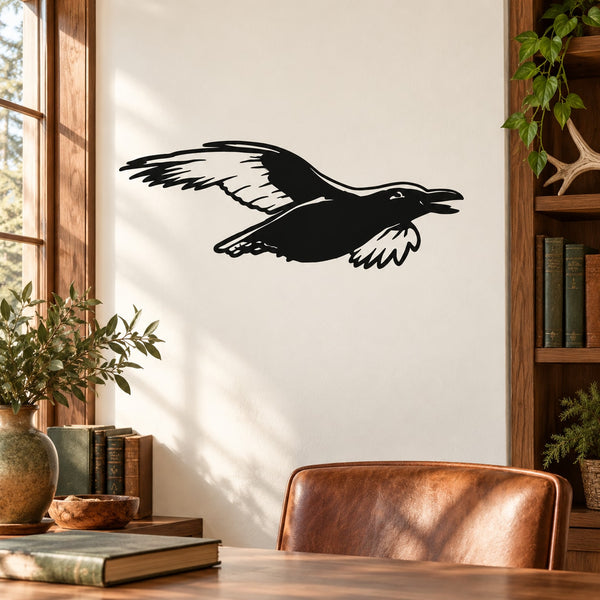 Flying raven wall decal, black silhouette in mid-flight