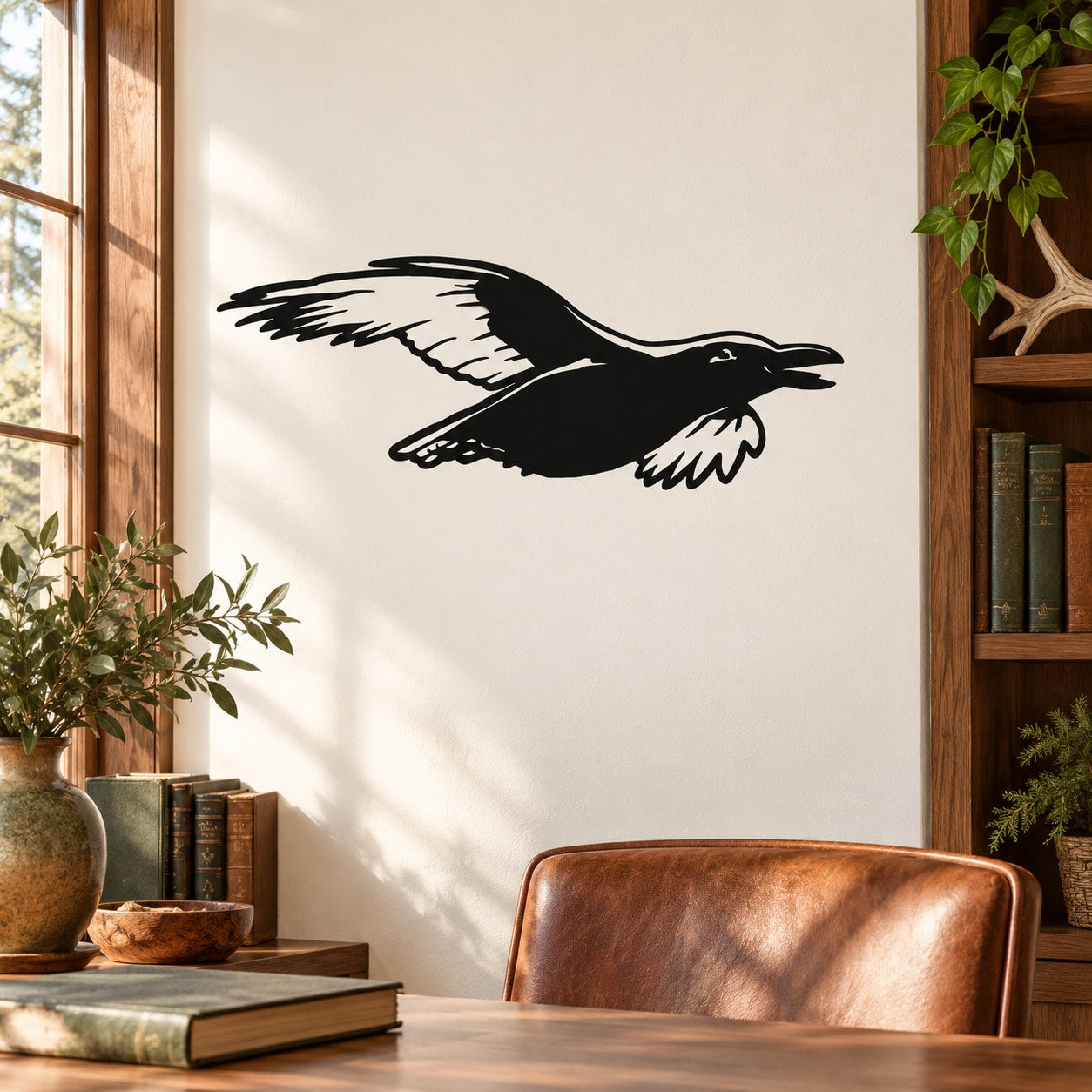 Flying raven wall decal, black silhouette in mid-flight