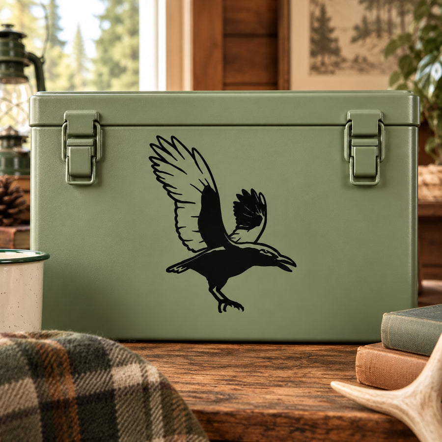 Flapping raven decal, black silhouette with spread wings and tail