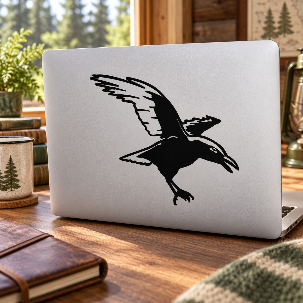 Black crow landing decal sticker with bird silhouette on a light surface