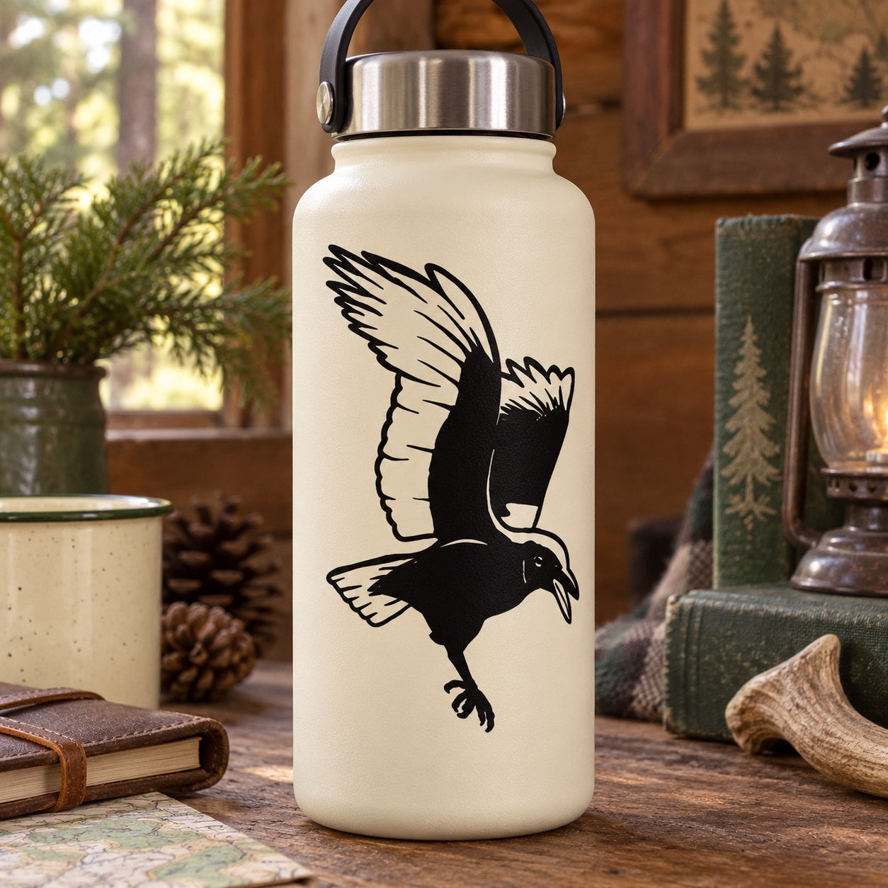 Black raven wing decal with open wings and detailed feathers