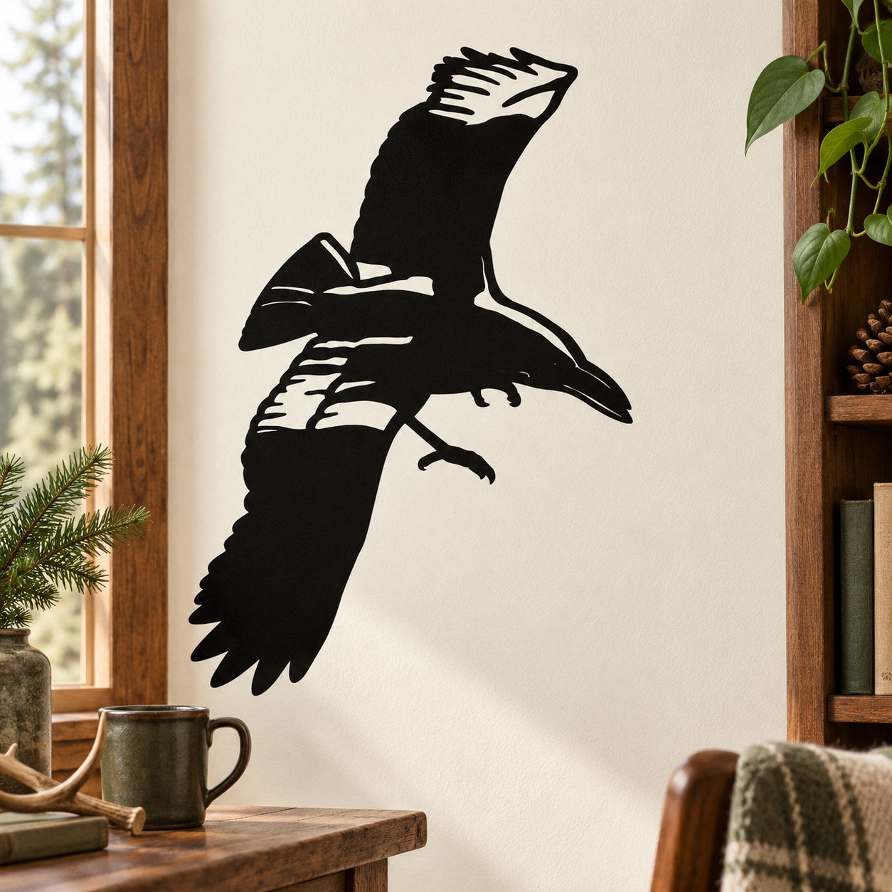 Black crow silhouette wall decal, flying hovering design