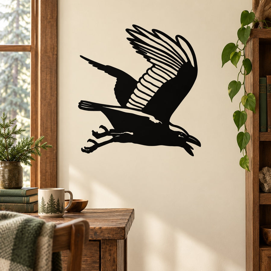 Flying raven decal with black silhouette