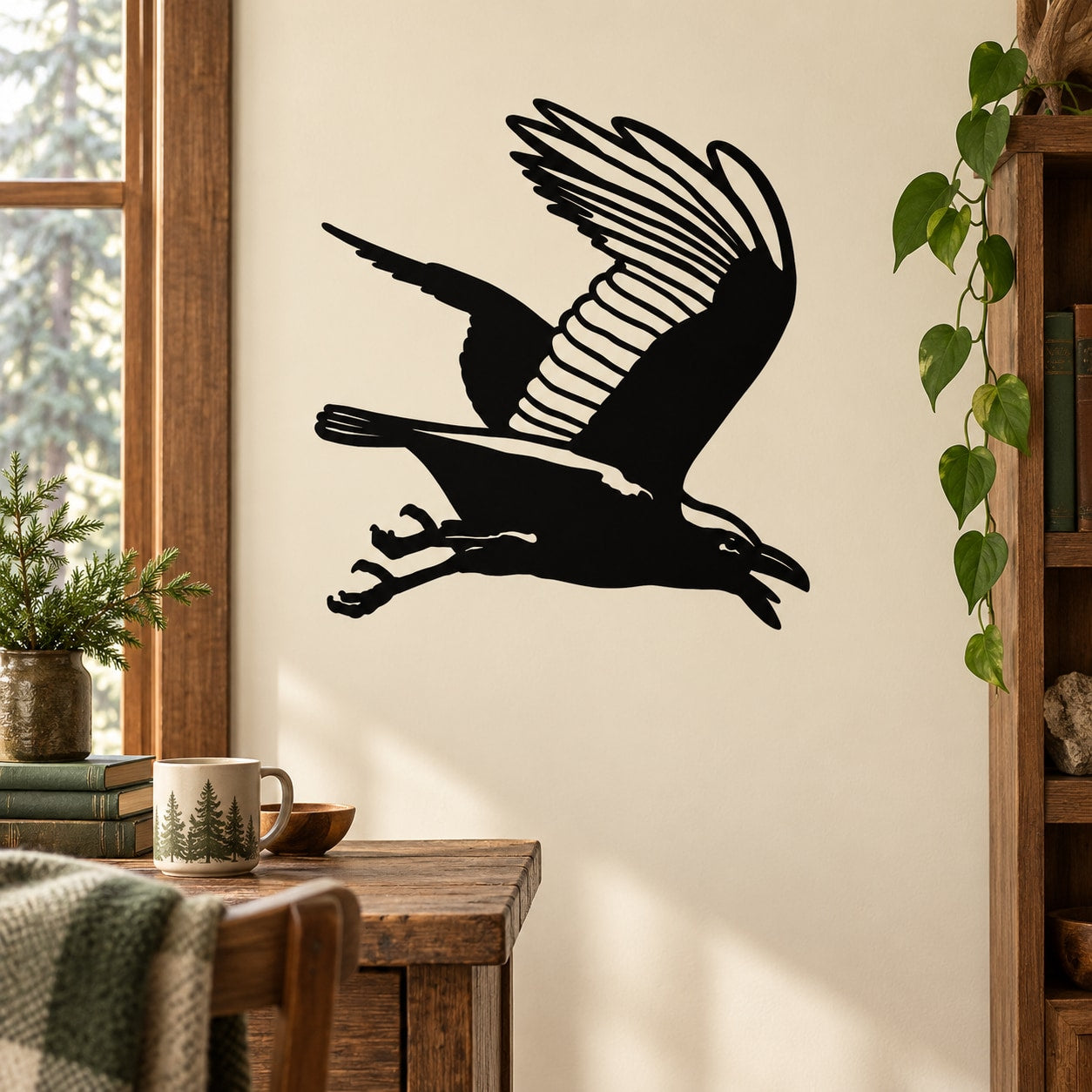 Flying raven decal with black silhouette