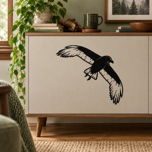 Circling crow wall decal, black and white bird silhouette