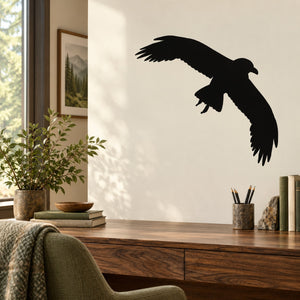 Black crow silhouette wall decal with spread wings and curved beak