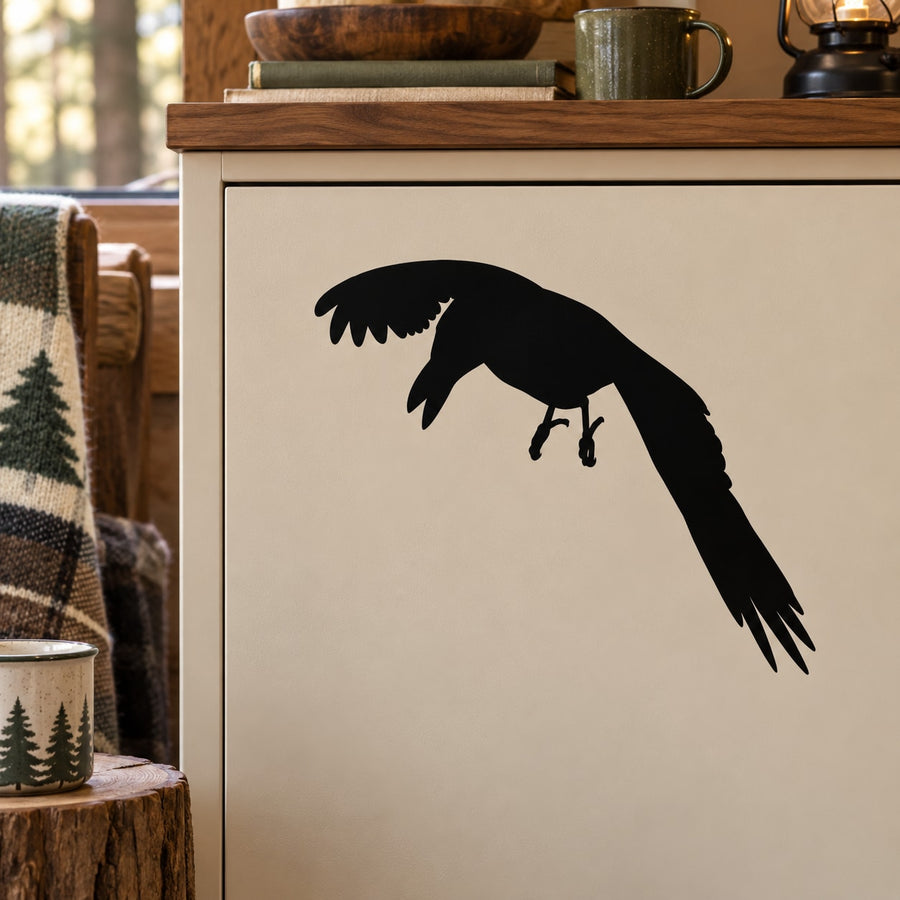 Black crow silhouette wall decal with perched bird shape, for smooth indoor surfaces