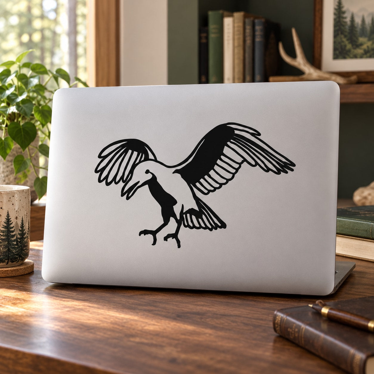 Crow landing decal with black winged crow silhouette on white sheet