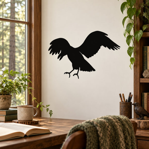 Black crow silhouette decal with open wings landing pose