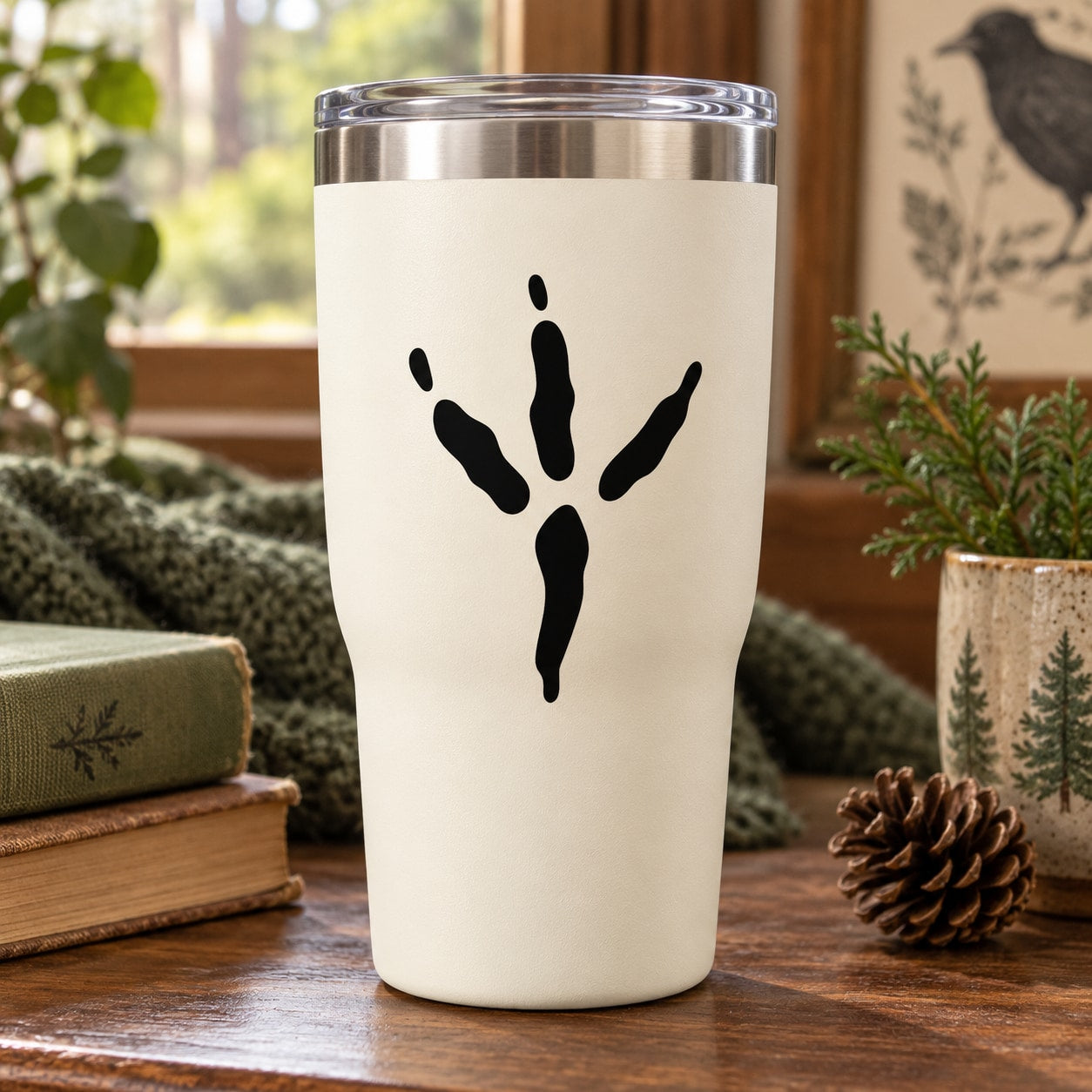 White tumbler with black raven feet decal