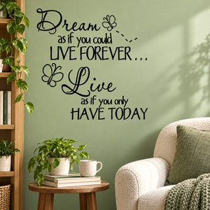 Wall decal with black inspirational quote and butterfly outline accents