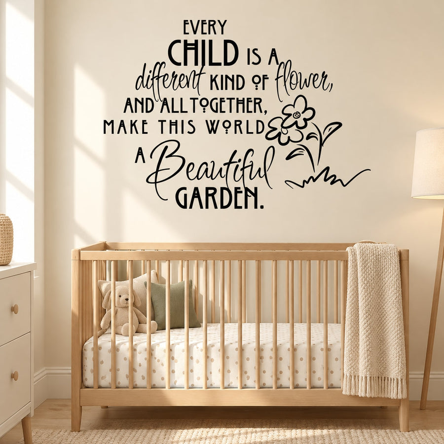 Wall decal with child flower quote and small flower and leaf line art
