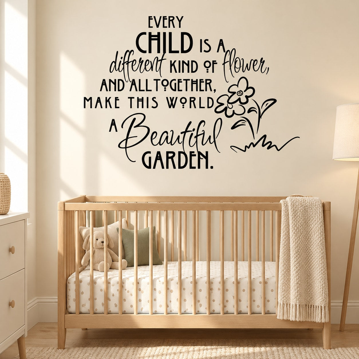 Wall decal with child flower quote and small flower and leaf line art