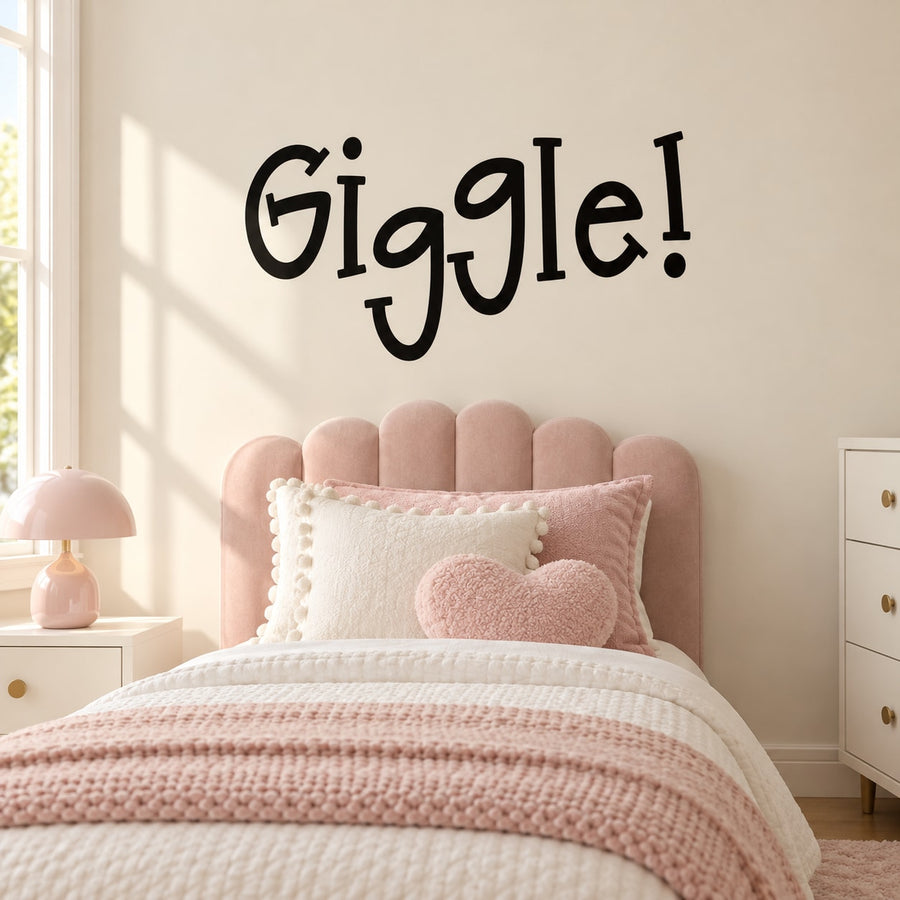 Black "Giggle!" wall decal with playful lettering